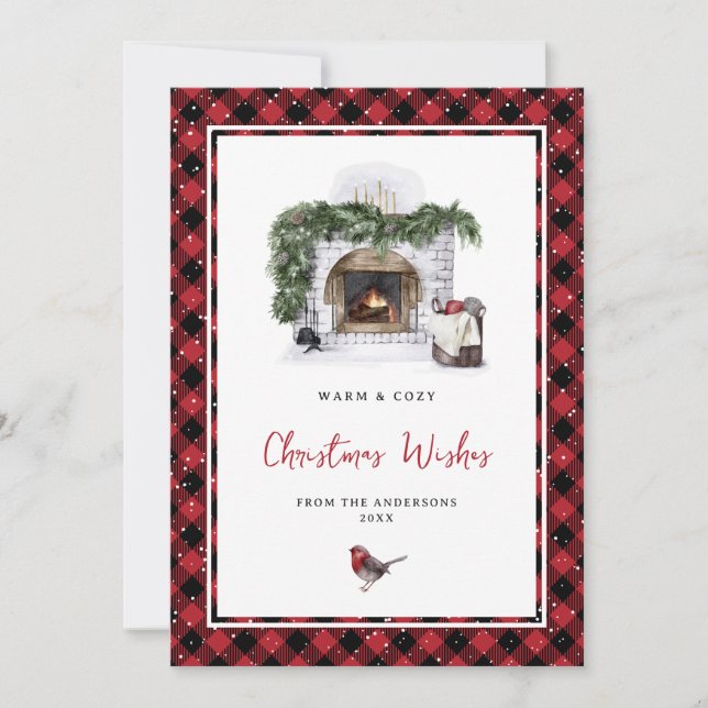 Watercolor Robin Red Plaid Snow Christmas Wishes Holiday Card (Front)