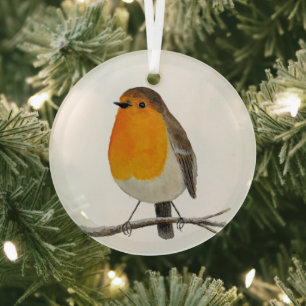 Watercolor Robin Redbreast Glass Ornament