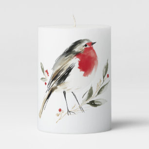 Watercolor Robin with Berries & Greenery Pillar Candle