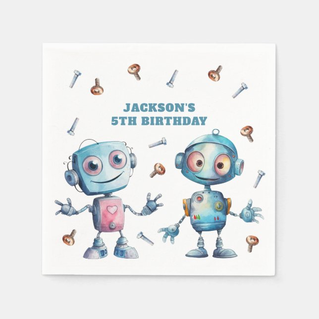 Watercolor Robot Birthday Napkins (Front)
