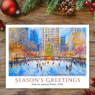 Watercolor Rockefeller Center NYC Travel Christmas Holiday Postcard