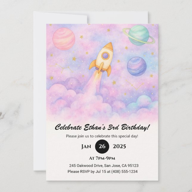 Watercolor Rocket & Dreamy Galaxy Birthday  Invitation (Front)