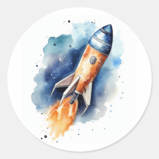 Watercolor Rocketship flying through stars Classic Round Sticker