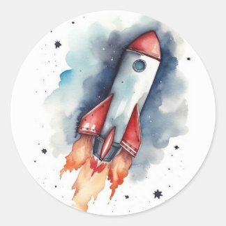 Watercolor Rocketship flying through the stars Classic Round Sticker