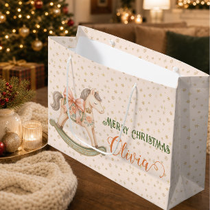 Watercolor Rocking Horse Christmas  Large Gift Bag