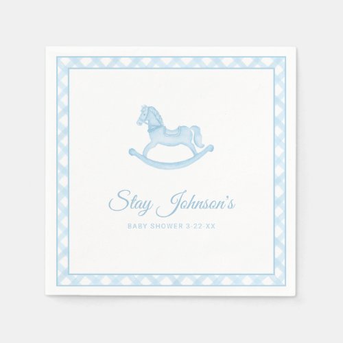 Watercolor Rocking Horse Gingham Baby Shower Napkins
