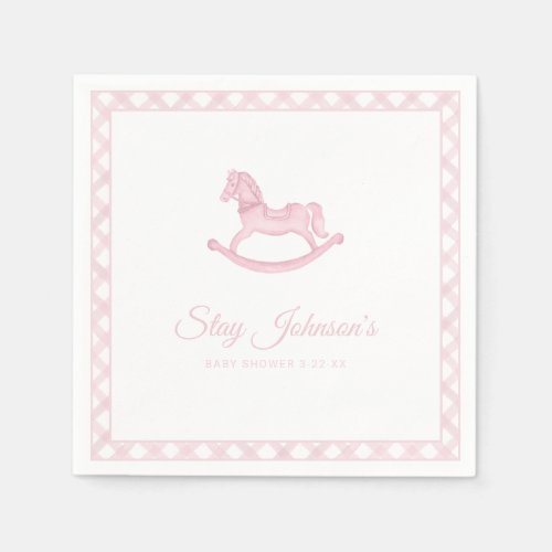 Watercolor Rocking Horse Gingham Baby Shower Napkins