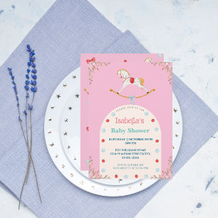 Watercolor Rocking Horse Pink Baby Shower Invitation