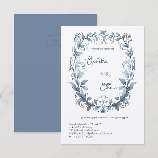 Watercolor Rococo Floral Wreath wedding Invitation (Front/Back)