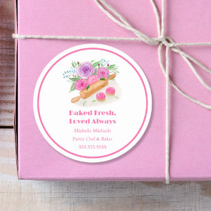 Watercolor Rolling Pin Roses Pastry Chef Baker Classic Round Sticker