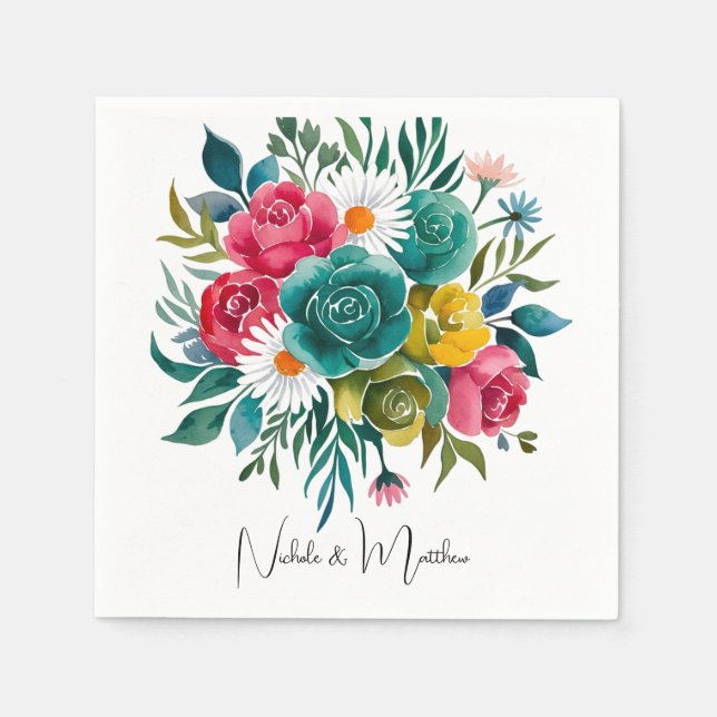 Watercolor Romance: A Colorful Blooms Wedding Napkins (Front)
