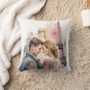 Watercolor Romance in Paris Couples Throw Pillow