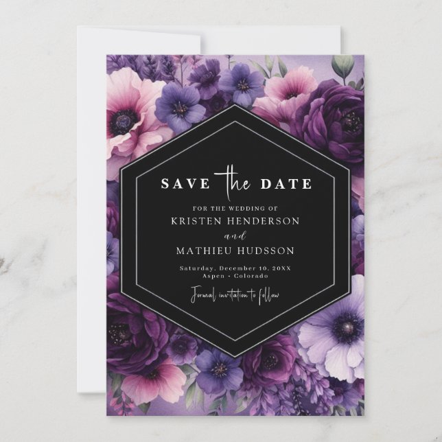  Watercolor Romance Purple Floral Wedding Save The Date (Front)