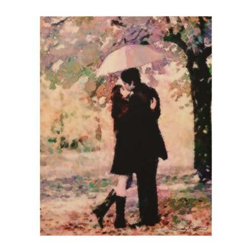 Watercolor Romantic Couple Rainy Day Kiss Art