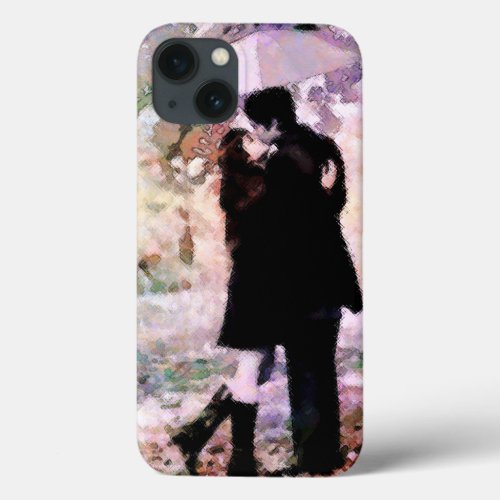Watercolor Romantic Couple Rainy Day Kiss Art iPhone 13 Case