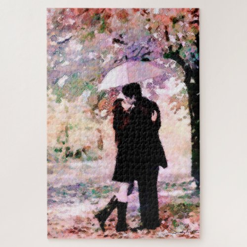 Watercolor Romantic Couple Rainy Day Kiss Art Jigsaw Puzzle