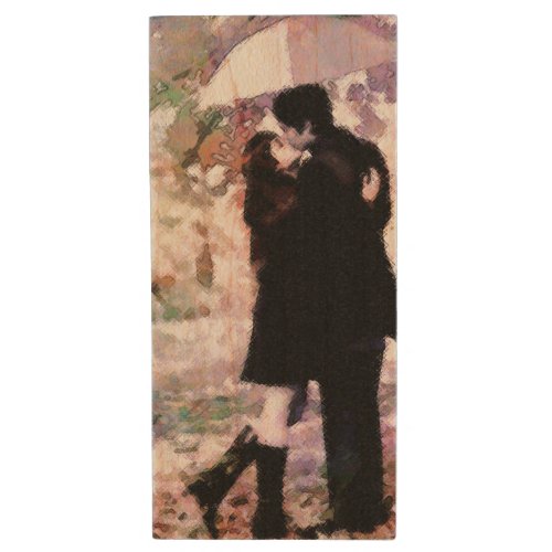 Watercolor Romantic Couple Rainy Day Kiss Art Wood Flash Drive