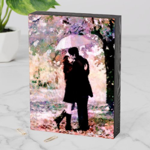 Watercolor Romantic Couple Rainy Day Kiss Art Wooden Box Sign