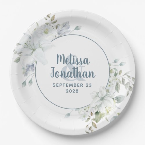 Watercolor romantic floral white flowers wedding paper plates