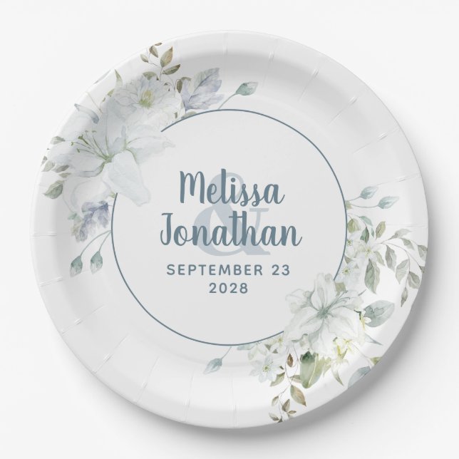 Watercolor romantic floral white flowers wedding paper plates (Front)
