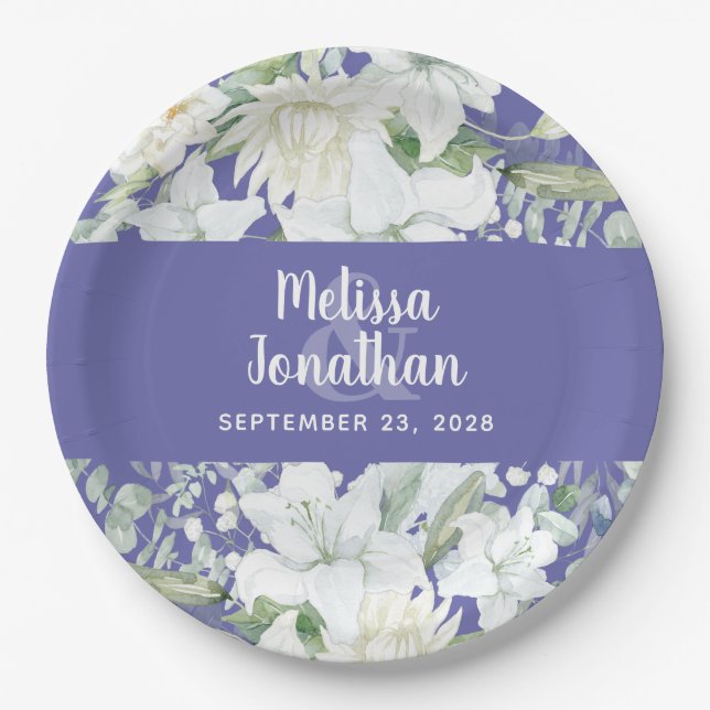 Watercolor romantic floral white flowers wedding paper plates (Front)