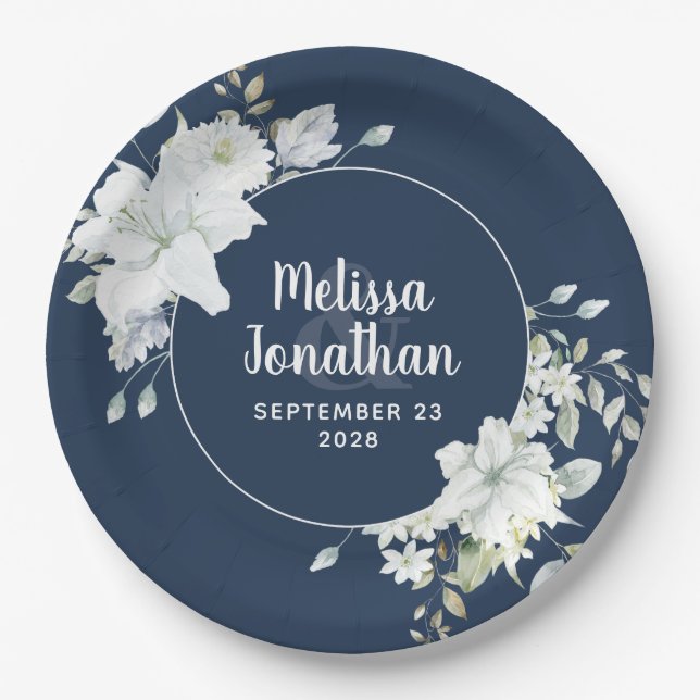 Watercolor romantic floral white flowers wedding paper plates (Front)