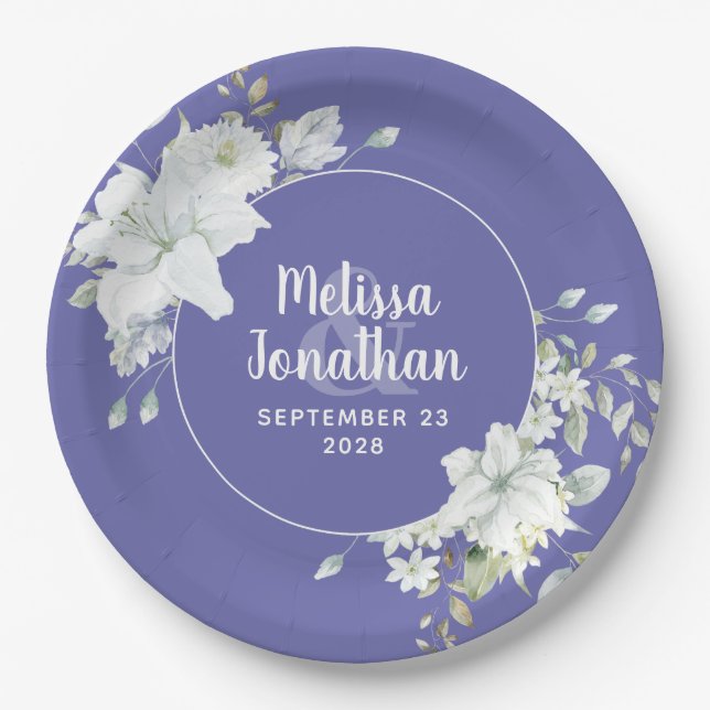 Watercolor romantic floral white flowers wedding paper plates (Front)