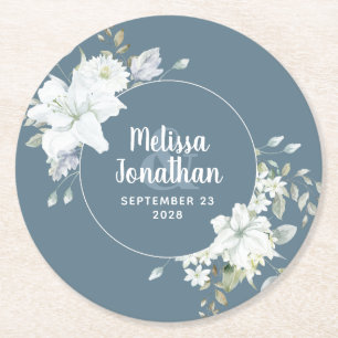 Watercolor romantic floral white flowers wedding round paper coaster