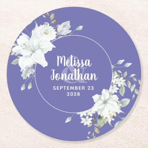 Watercolor romantic floral white flowers wedding   round paper coaster