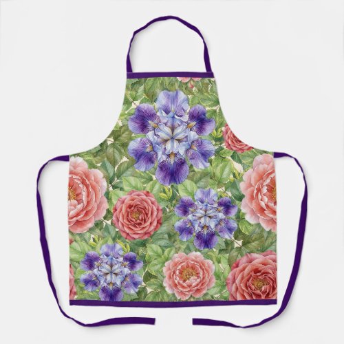 Watercolor Romantic Garden Rose Iris Peony Apron