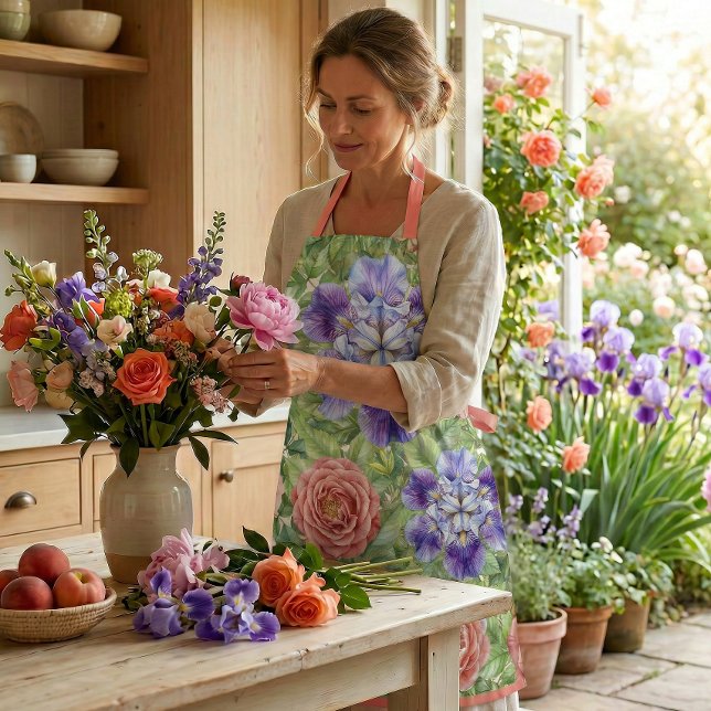 Watercolor Romantic Garden Rose Iris Peony Apron (Creator Uploaded)