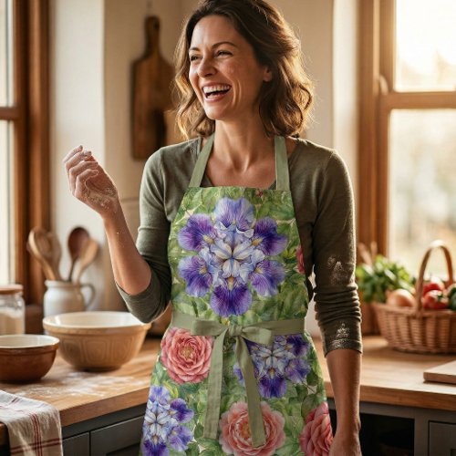 Watercolor Romantic Garden Rose Iris Peony Apron