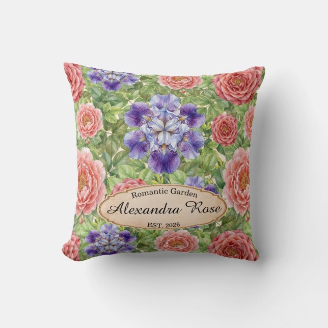 Watercolor Romantic Garden Rose Iris Peony Throw Pillow (Front)