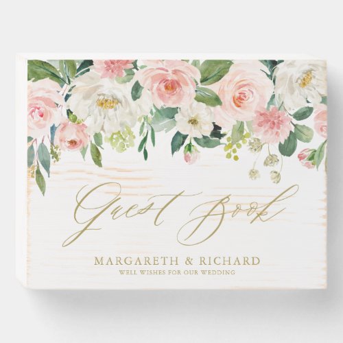 Watercolor Romantic Peach Floral Wedding Guestbook Wooden Box Sign