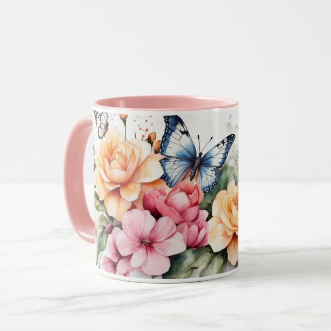Watercolor Romantic Pink Butterfly Flower Mug (Front Left)