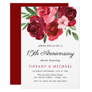 Watercolor Romantic Red Roses 15th Anniversary Card