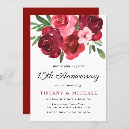 Watercolor Romantic Red Roses 15th Anniversary Invitation