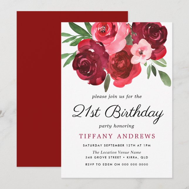 Watercolor Romantic Red Roses 21st Birthday Party Invitation (Front/Back)