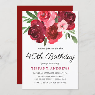 Watercolor Romantic Red Roses 40th Birthday Party Invitation