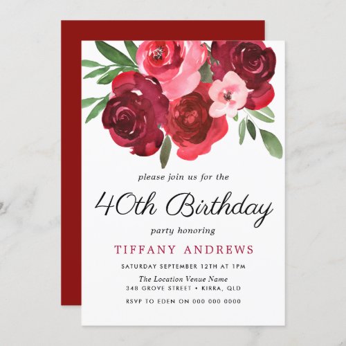 Watercolor Romantic Red Roses 40th Birthday Party Invitation