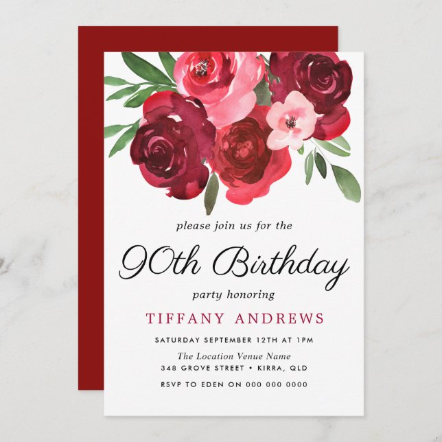 Watercolor Romantic Red Roses 90th Birthday Party Invitation (Front/Back)