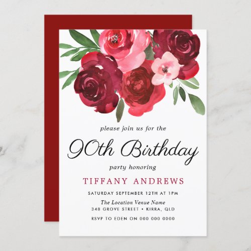 Watercolor Romantic Red Roses 90th Birthday Party Invitation