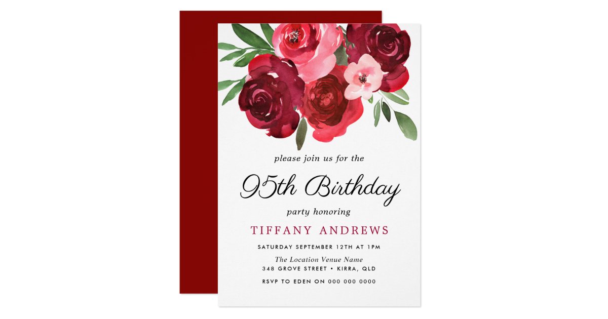 Watercolor Romantic Red Roses 95th Birthday Party Invitation | Zazzle.com