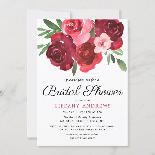 Watercolor Romantic Red Roses Bridal Shower Invitation