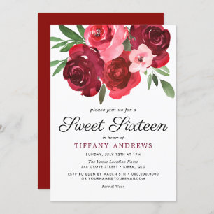 Watercolor Romantic Red Roses Sweet 16 Invite