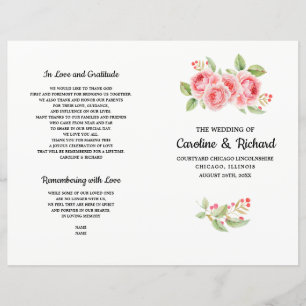 Watercolor Romantic Roses Folded Wedding Program