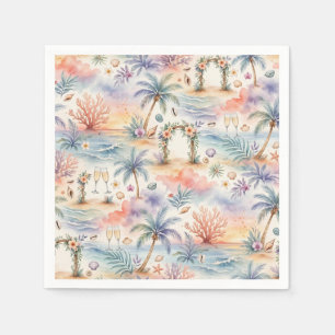 Watercolor Romantic Tropical Wedding Sunset Beach Napkins