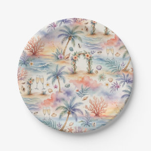 Watercolor Romantic Tropical Wedding Sunset Beach Paper Plates
