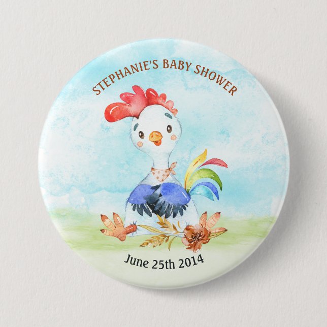 Watercolor Rooster Baby Shower Farm Button (Front)