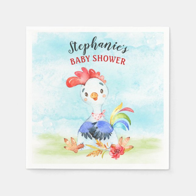 Watercolor Rooster Baby Shower Farm Napkins (Front)